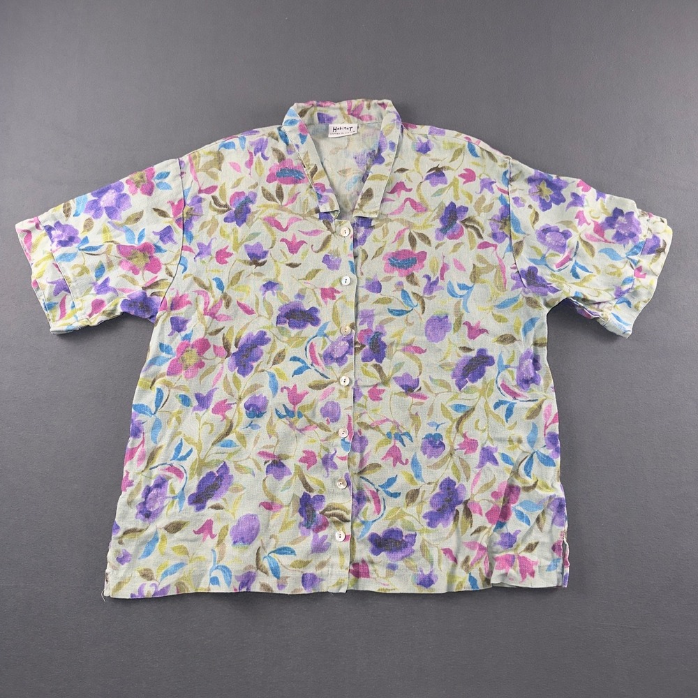 Habitat 100% Linen Floral Button Down Shirt Womens Small Short Sleeve USA Made